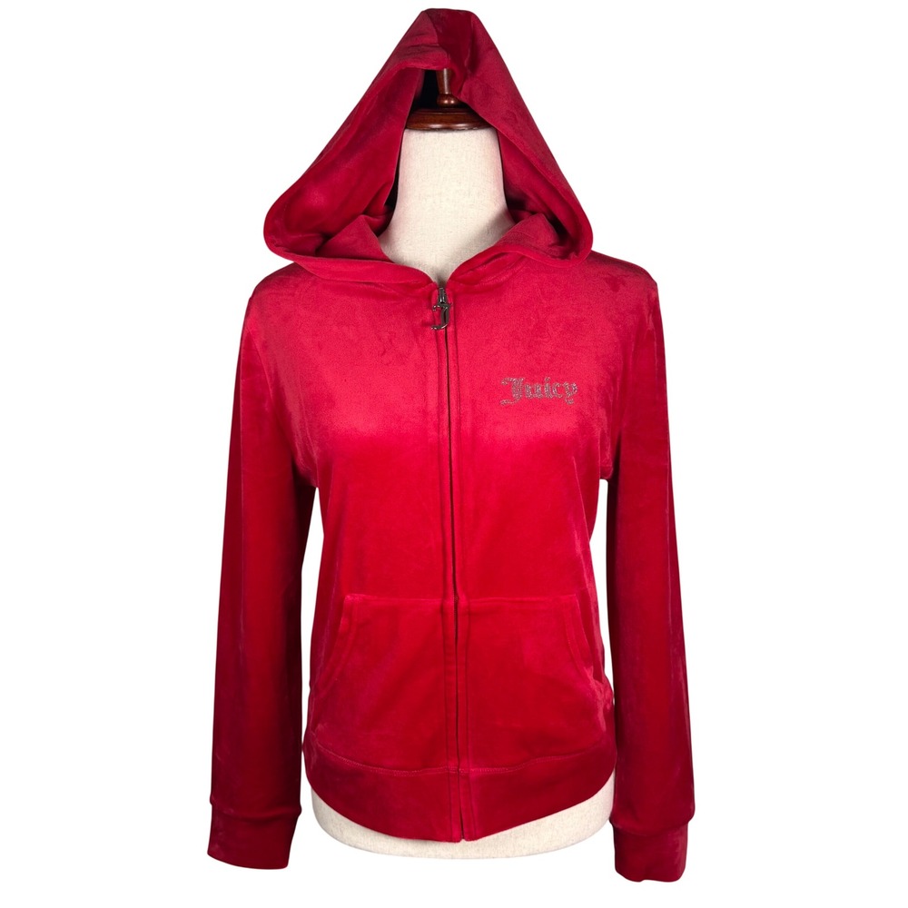 Juicy Couture Velour Hoodie Womens Medium Red Rhinestone Logo Y2K Zip Sweatshirt
